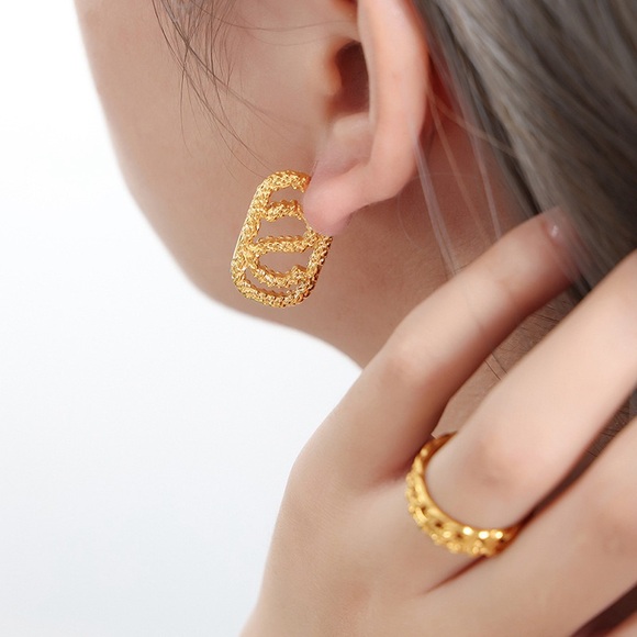 18K Gold Plated Hoop Earrings*Letter S Earrings*Rectangular Earrings*Unique Hoop - Picture 7 of 7